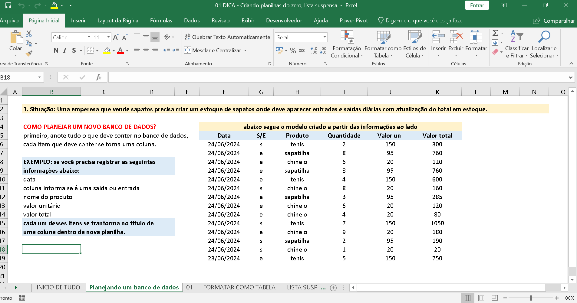 Tela curso de excel básico exemplo 01