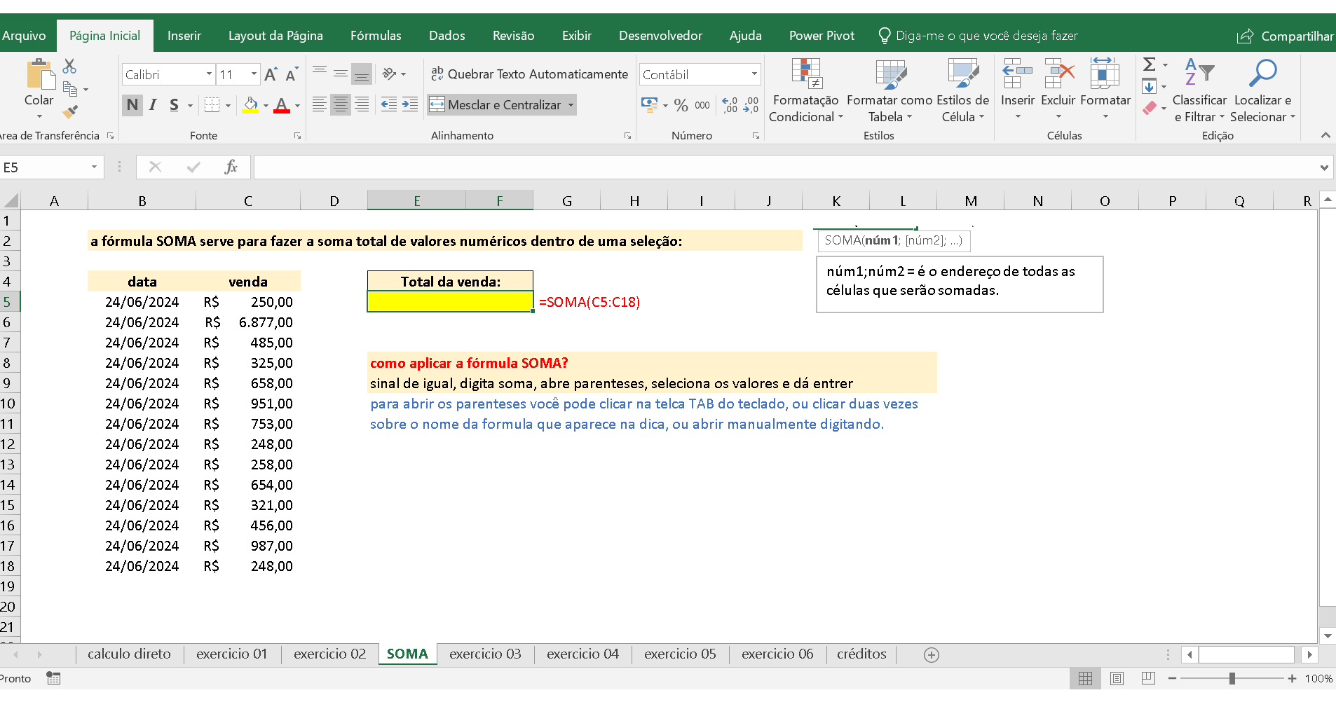 Tela curso de excel básico exemplo 03